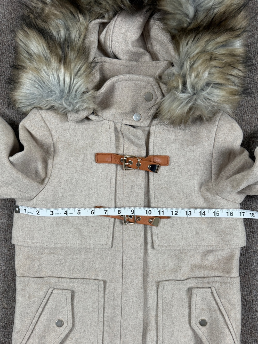 Zara Oatmeal Beige Wool Blend Duffle Coat Women’s XS Removable Hood & Fur Trim - Picture 10 of 10
